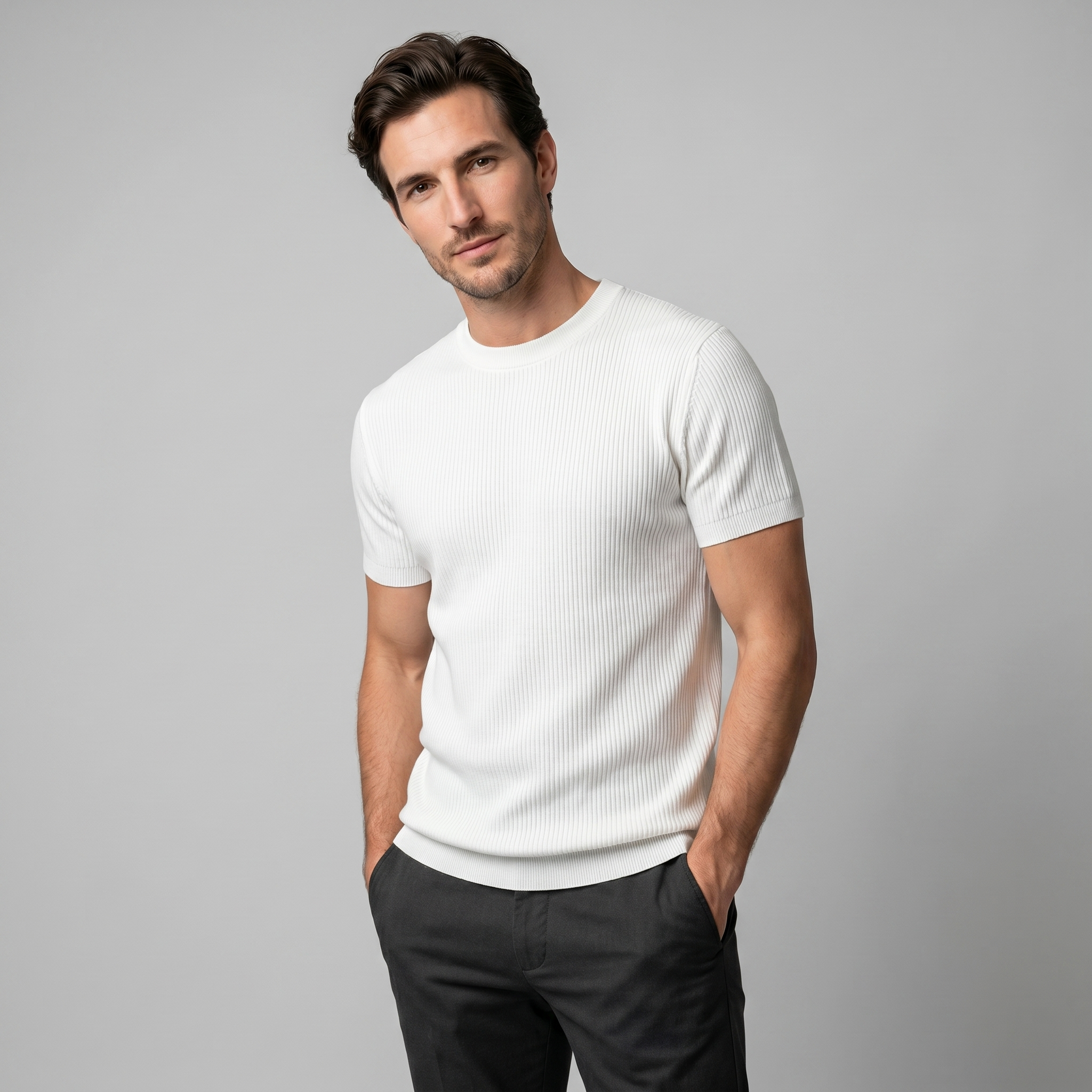 Herren Rippstrick Rundhals T Shirt