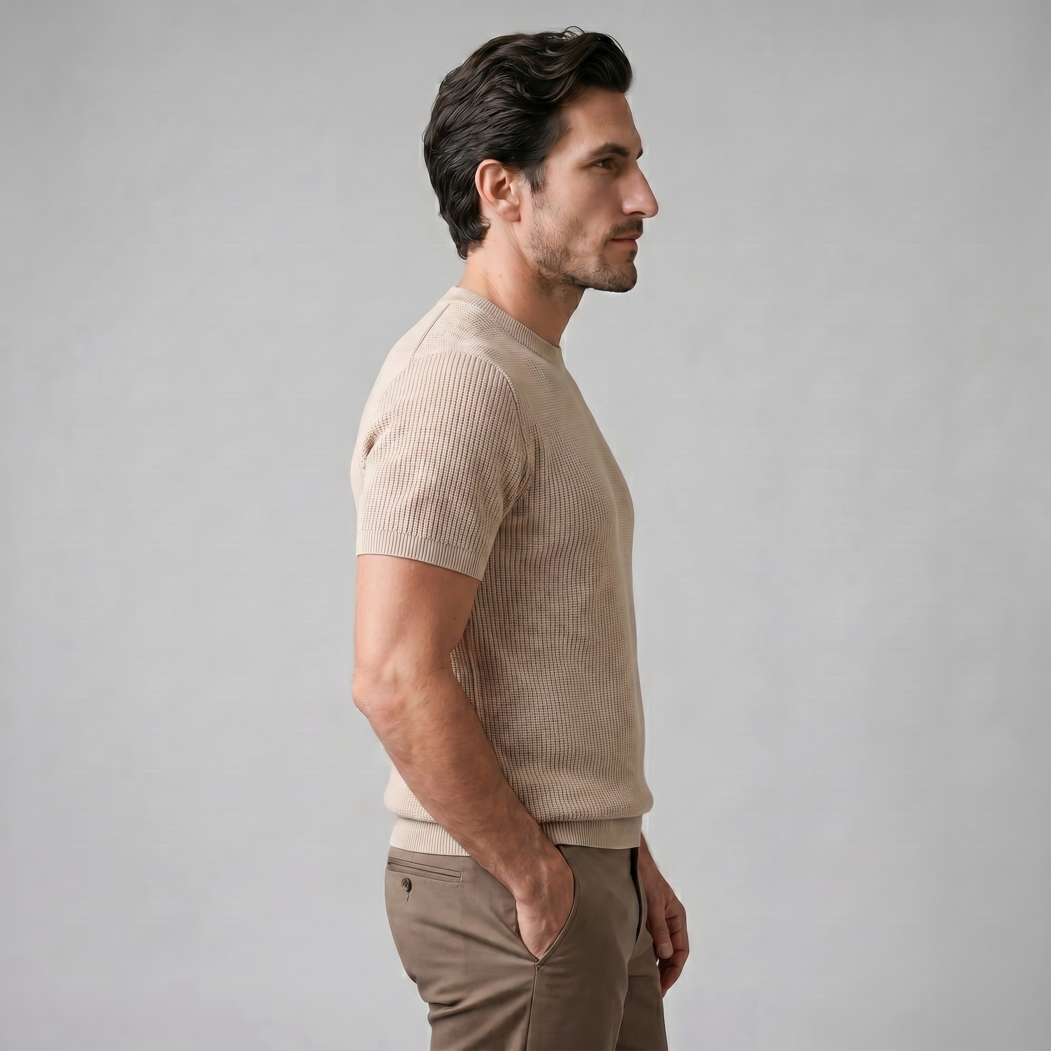 Herren Rippstrick Rundhals T Shirt