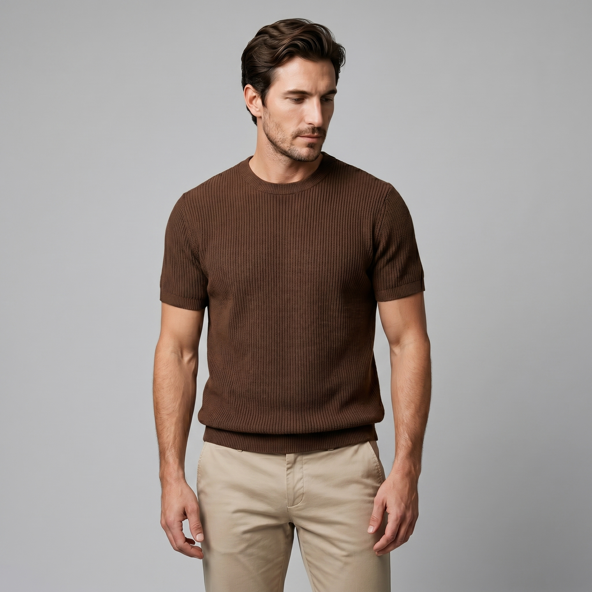 Herren Rippstrick Rundhals T Shirt