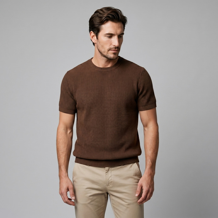 Herren Rippstrick Rundhals T Shirt