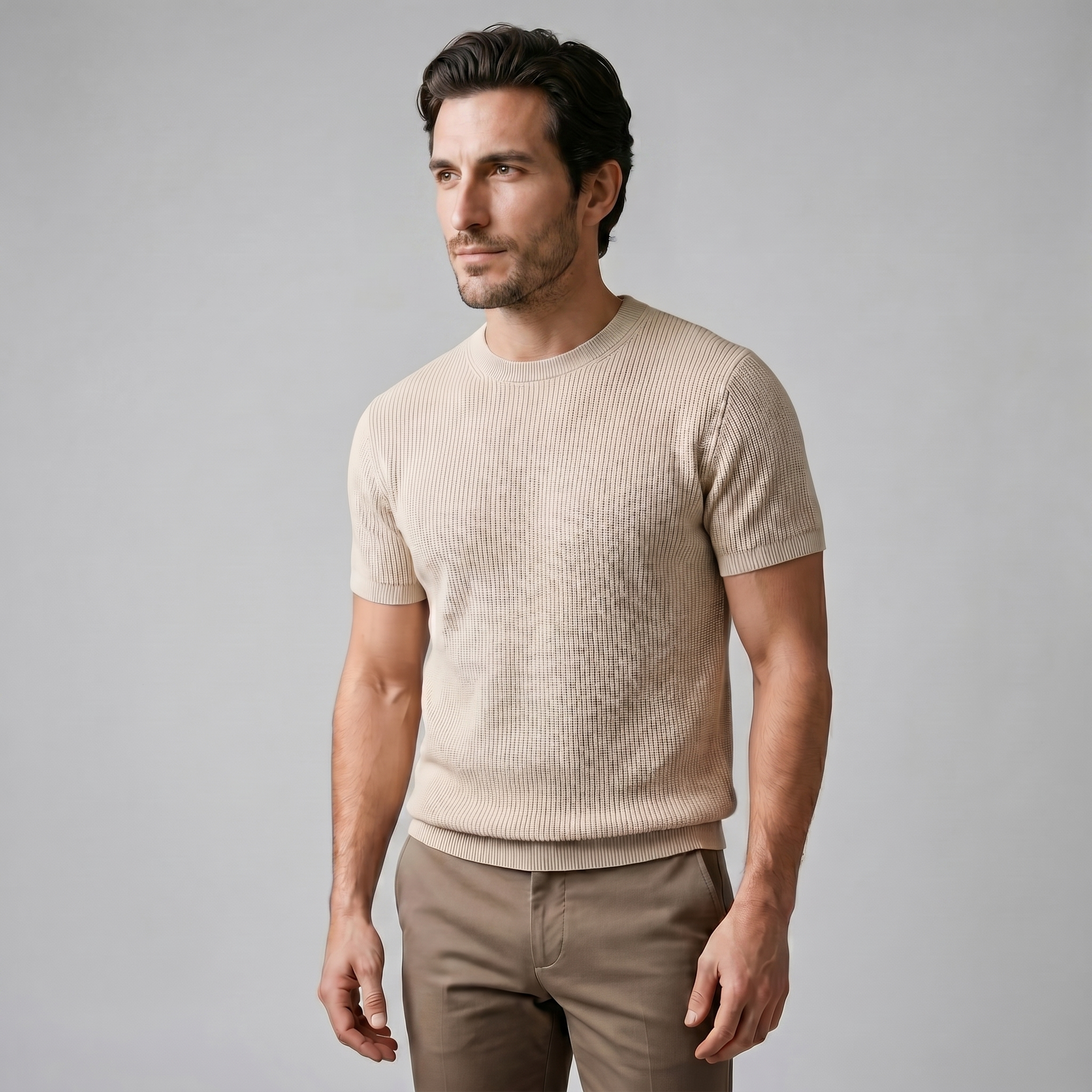 Herren Rippstrick Rundhals T Shirt