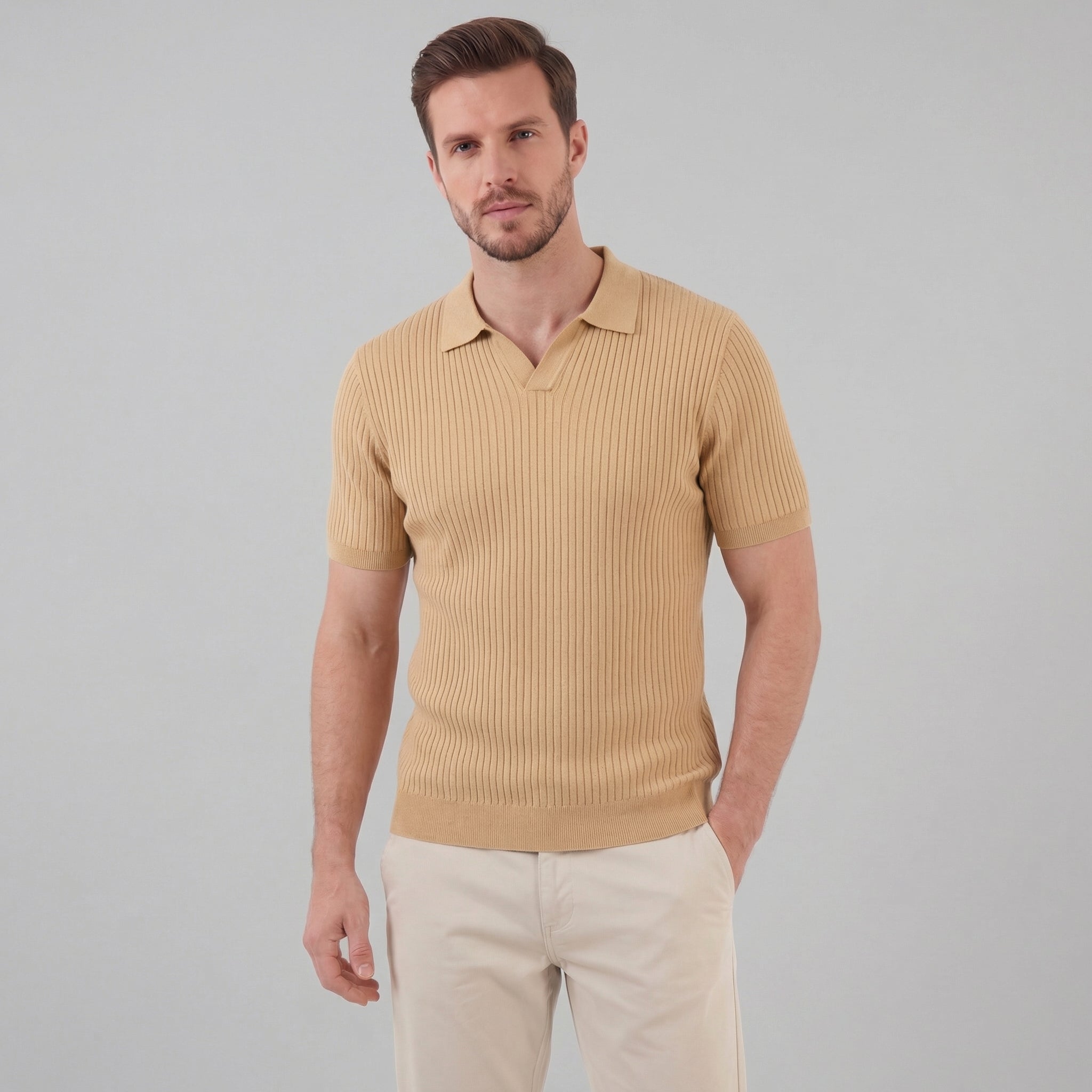 Herren Polohemd Mit Gerippter Strickstruktur Kurzarm