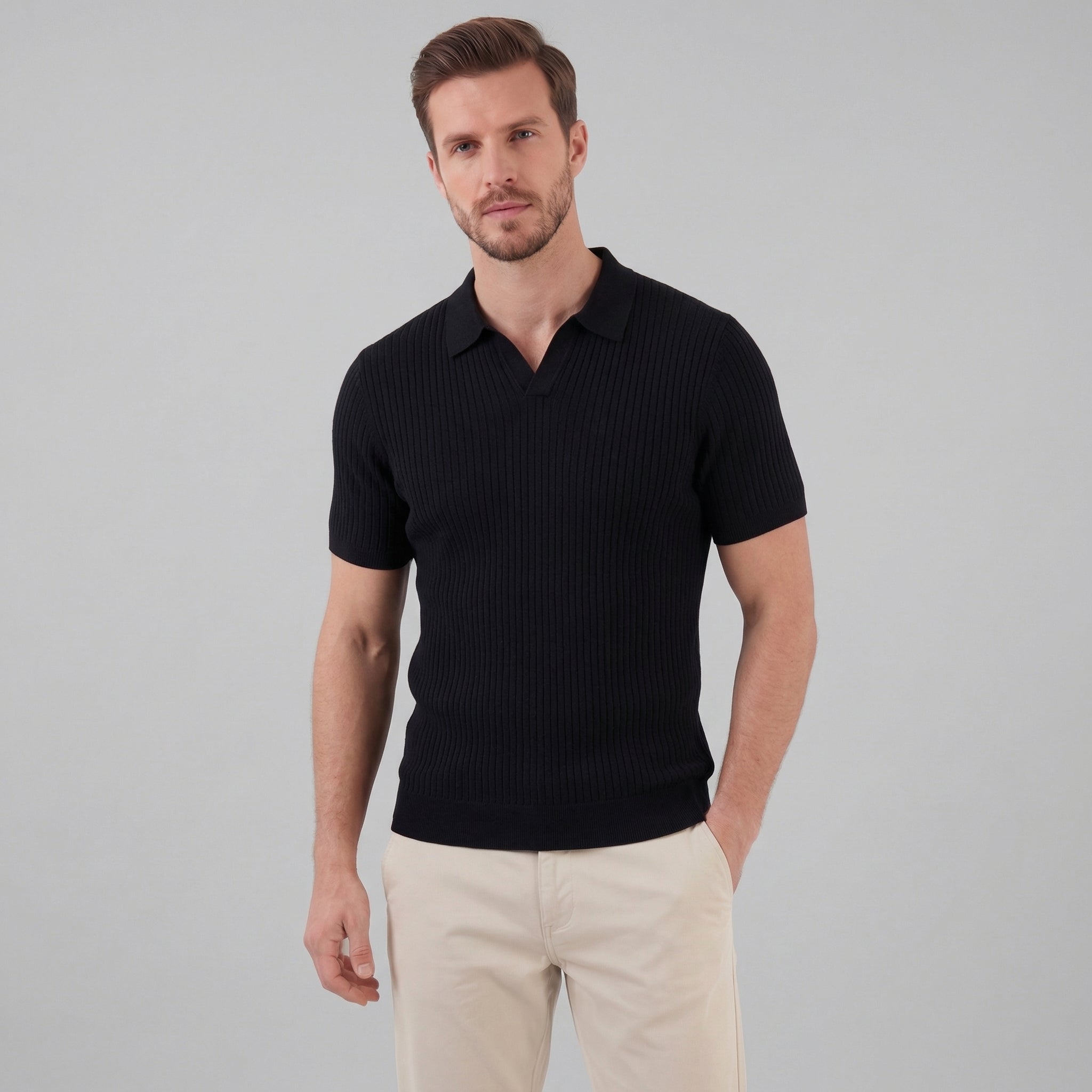 Herren Polohemd Mit Gerippter Strickstruktur Kurzarm