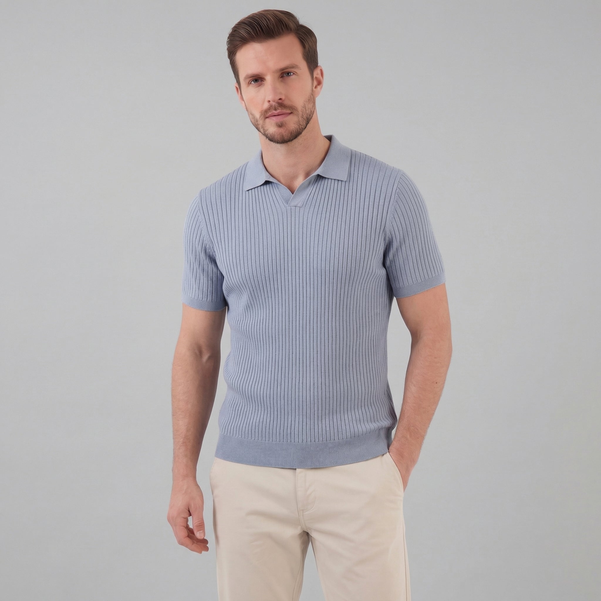 Herren Polohemd Mit Gerippter Strickstruktur Kurzarm