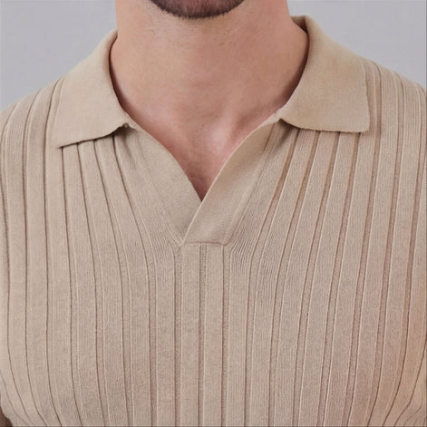 Herren Rippstrick Kurzarm Polo Mit V Ausschnitt