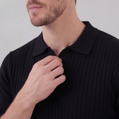 Herren Rippstrick Kurzarm Polo Mit V Ausschnitt