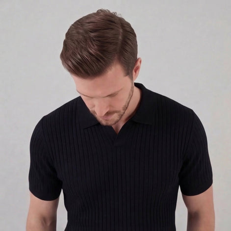 Herren Rippstrick Kurzarm Polo Mit V Ausschnitt