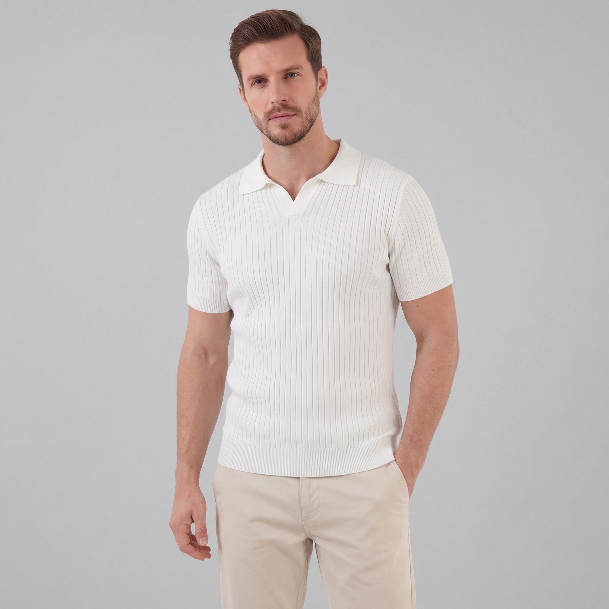 Herren Rippstrick Kurzarm Polo Mit V Ausschnitt
