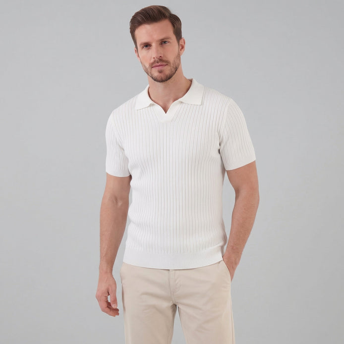 Herren Rippstrick Kurzarm Polo Mit V Ausschnitt