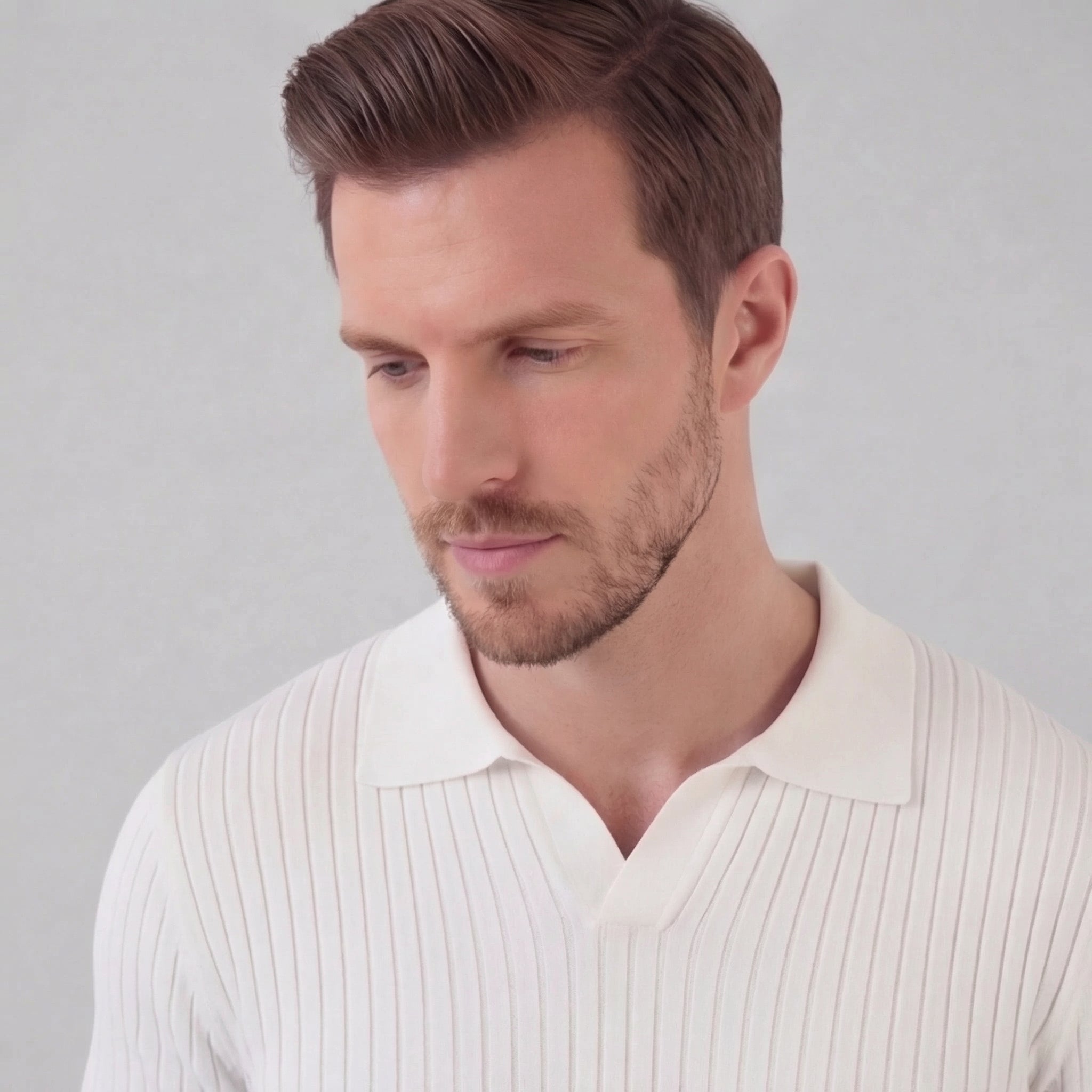 Herren Rippstrick Kurzarm Polo Mit V Ausschnitt