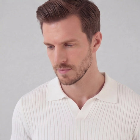 Herren Rippstrick Kurzarm Polo Mit V Ausschnitt