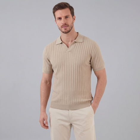 Herren Rippstrick Kurzarm Polo Mit V Ausschnitt