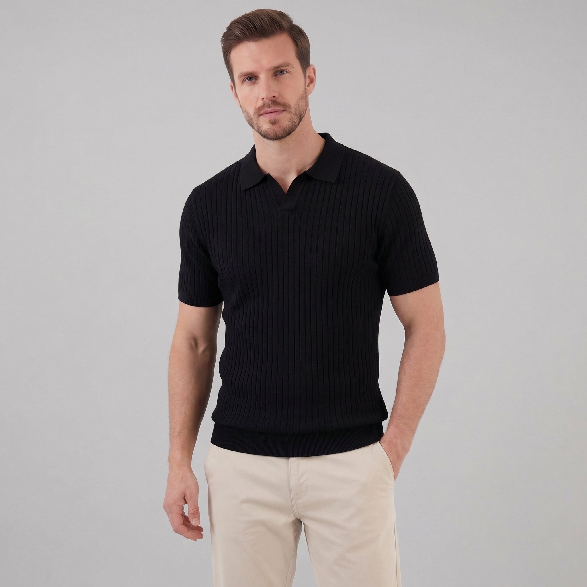 Herren Rippstrick Kurzarm Polo Mit V Ausschnitt