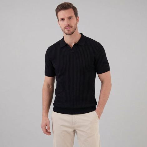 Herren Rippstrick Kurzarm Polo Mit V Ausschnitt