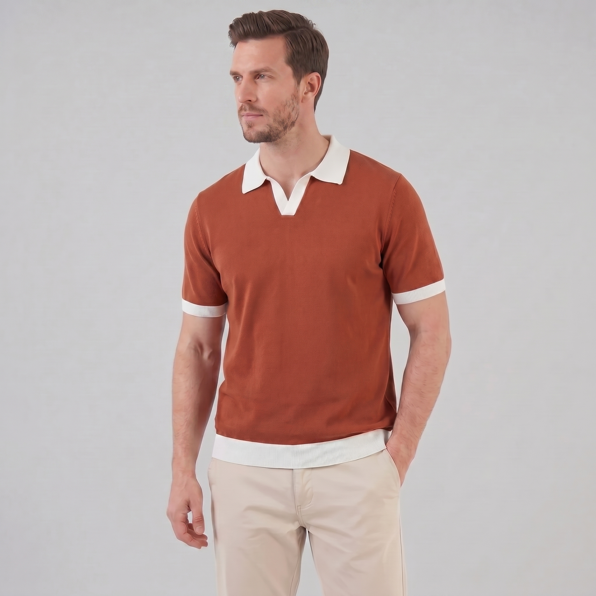 Herren Strickpolohemd Kurzarm Mit V-Ausschnitt