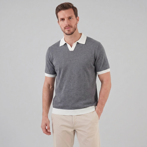 Herren Strickpolohemd Kurzarm Mit V-Ausschnitt
