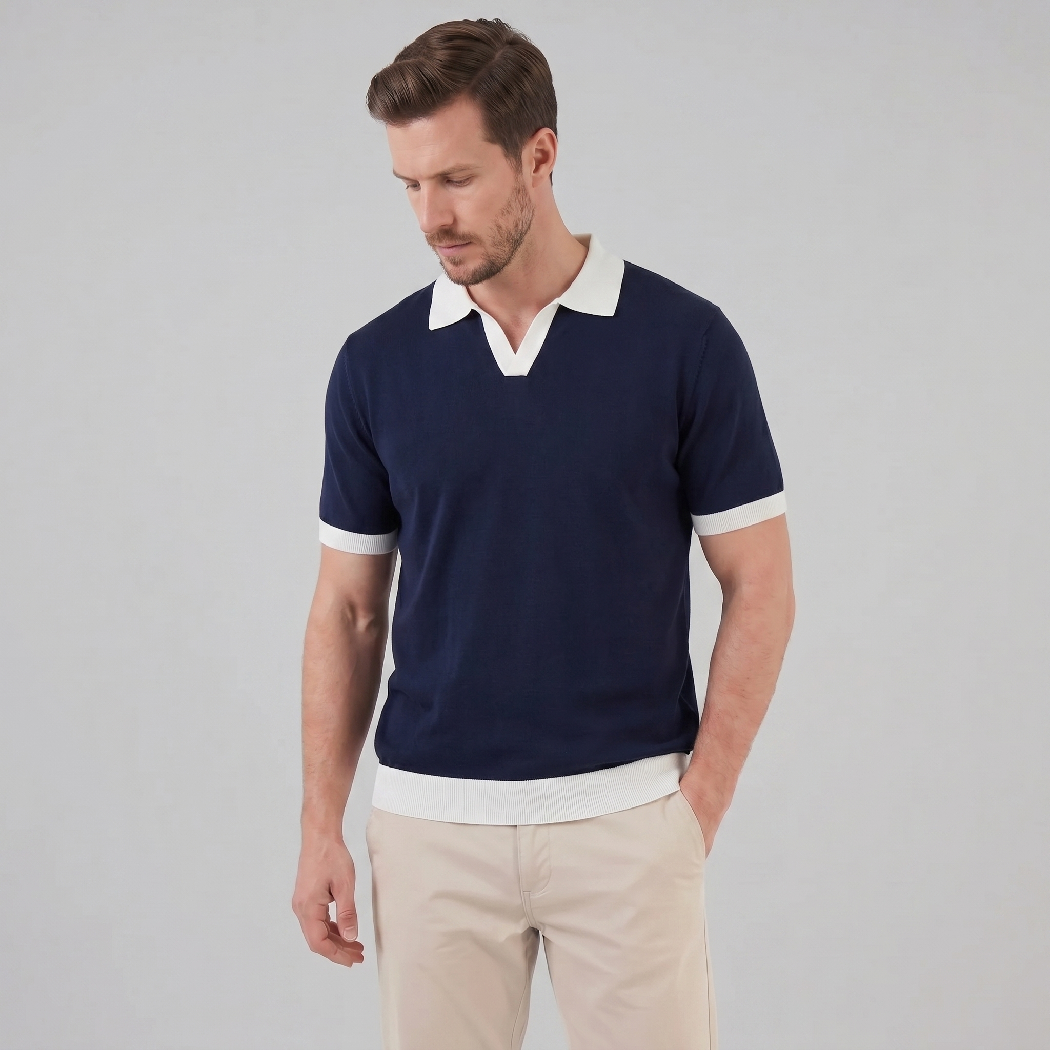 Herren Strickpolohemd Kurzarm Mit V-Ausschnitt