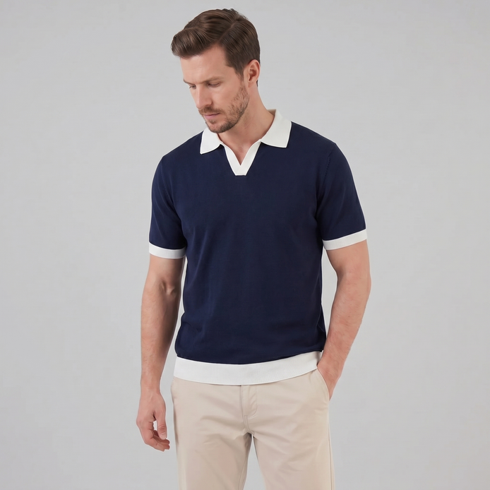 Herren Strickpolohemd Kurzarm Mit V-Ausschnitt