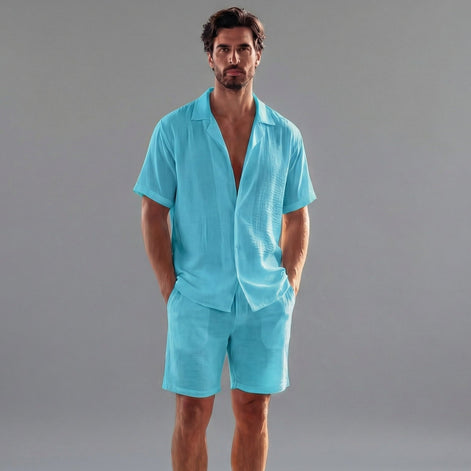 Herren Leinen Sommer-Set Mit Kurzärmeln