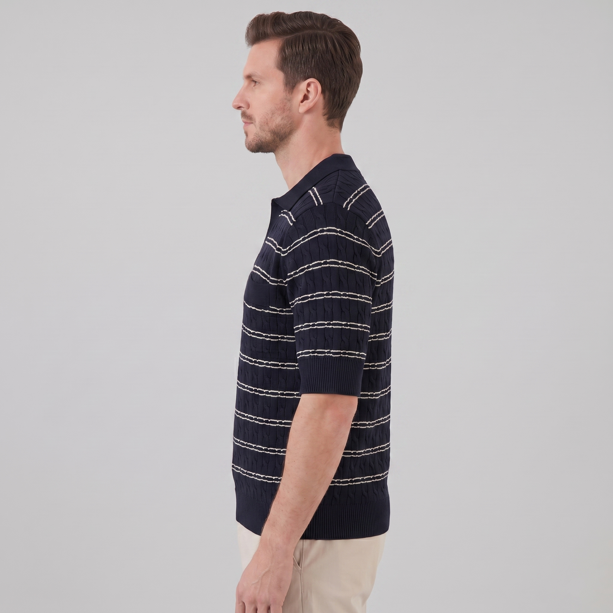 Herren Poloshirt Mit Gestreiftem Kabelstrick
