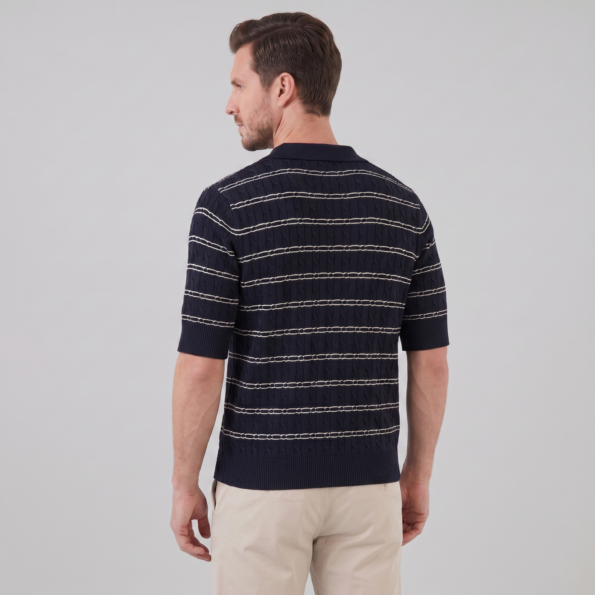 Herren Poloshirt Mit Gestreiftem Kabelstrick