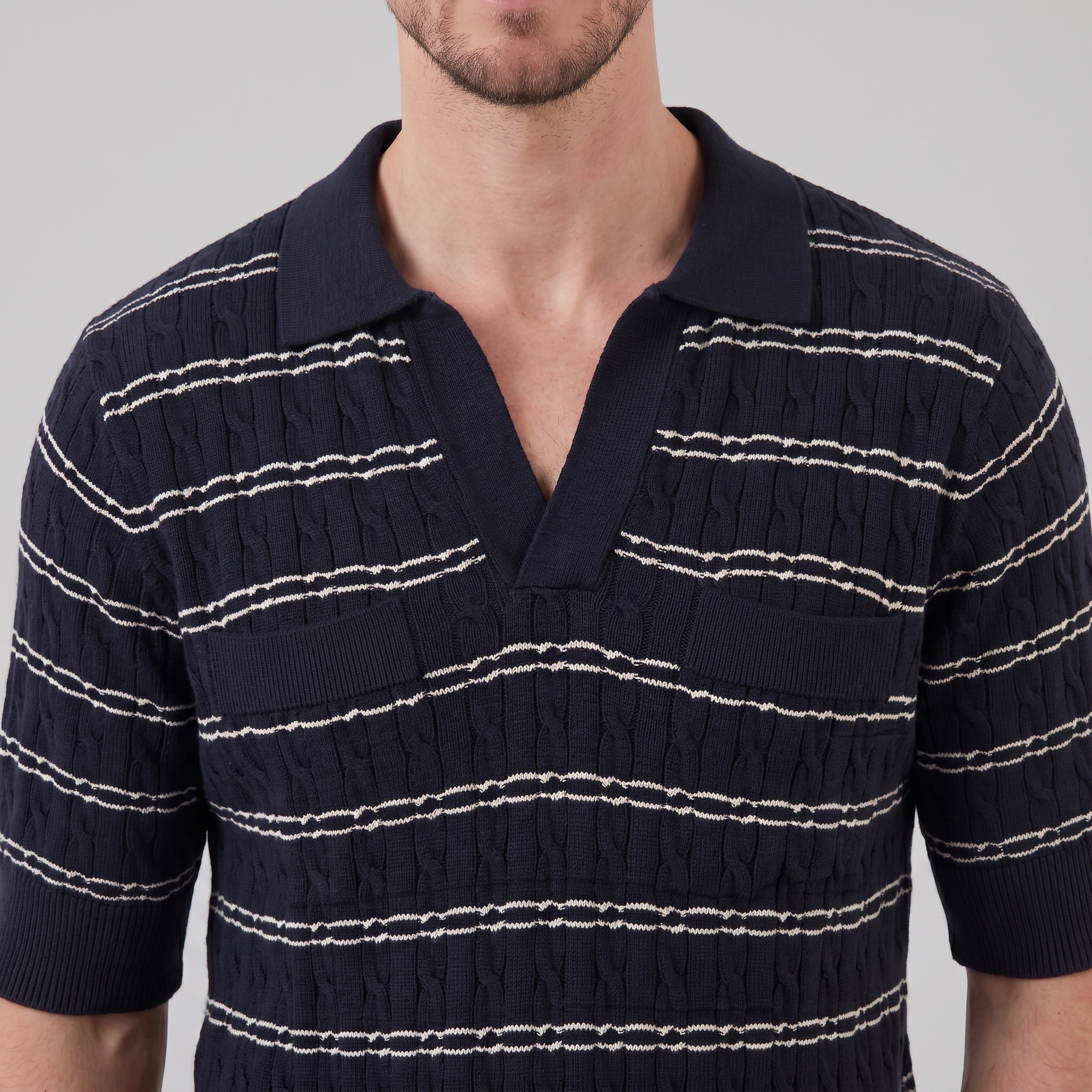 Herren Poloshirt Mit Gestreiftem Kabelstrick