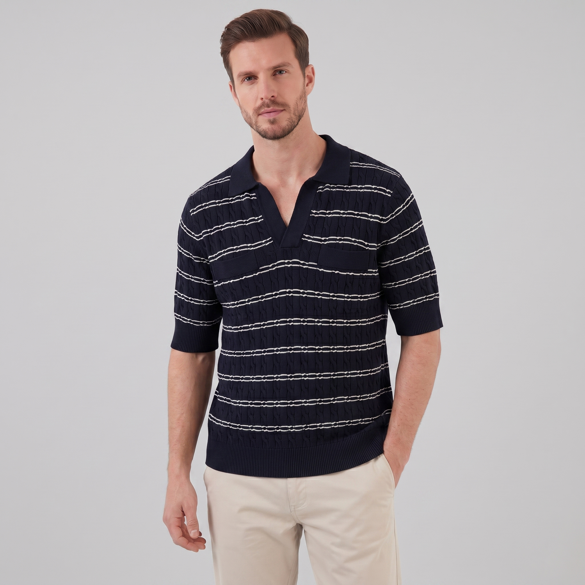 Herren Poloshirt Mit Gestreiftem Kabelstrick
