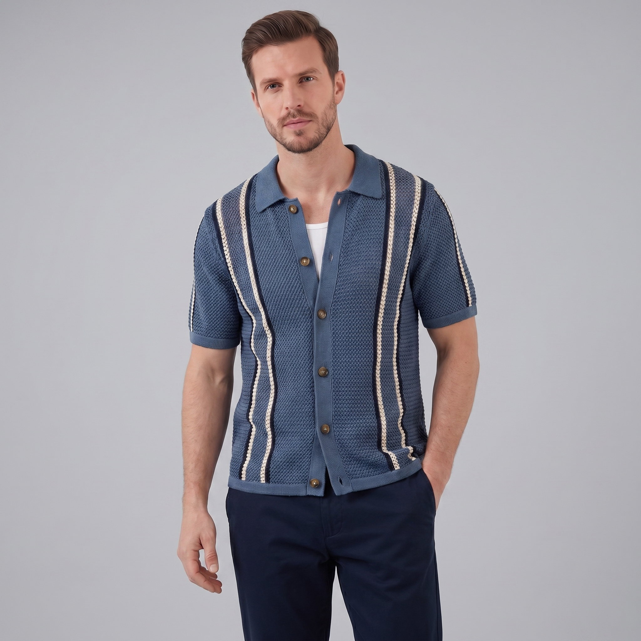 Herren Streifen Häkelstrickshirt