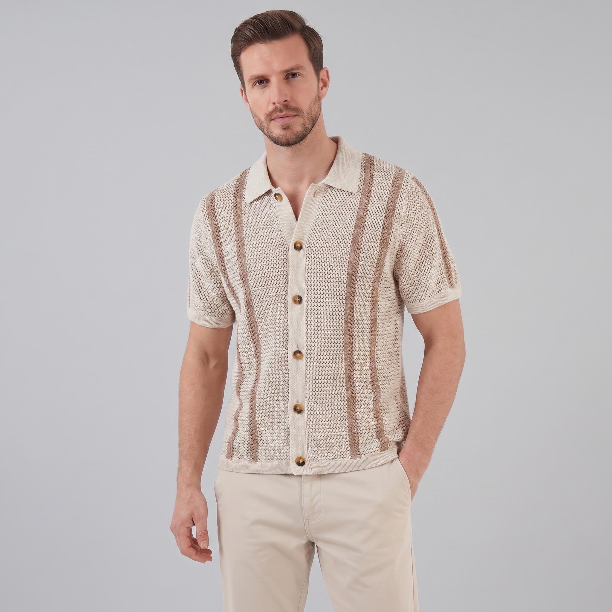Herren Streifen Häkelstrickshirt
