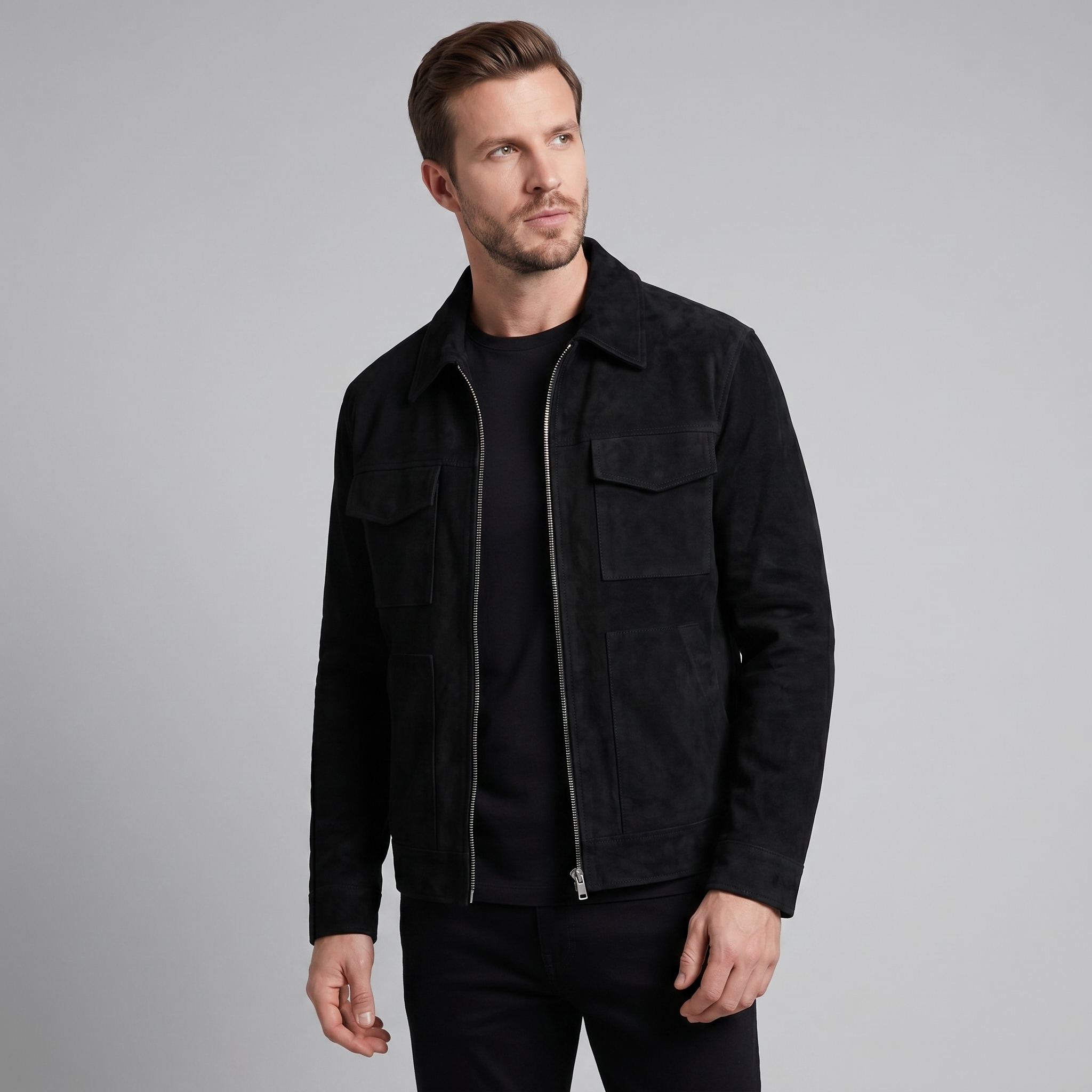 Herren Wildlederjacke Mit Reißverschluss Kragen