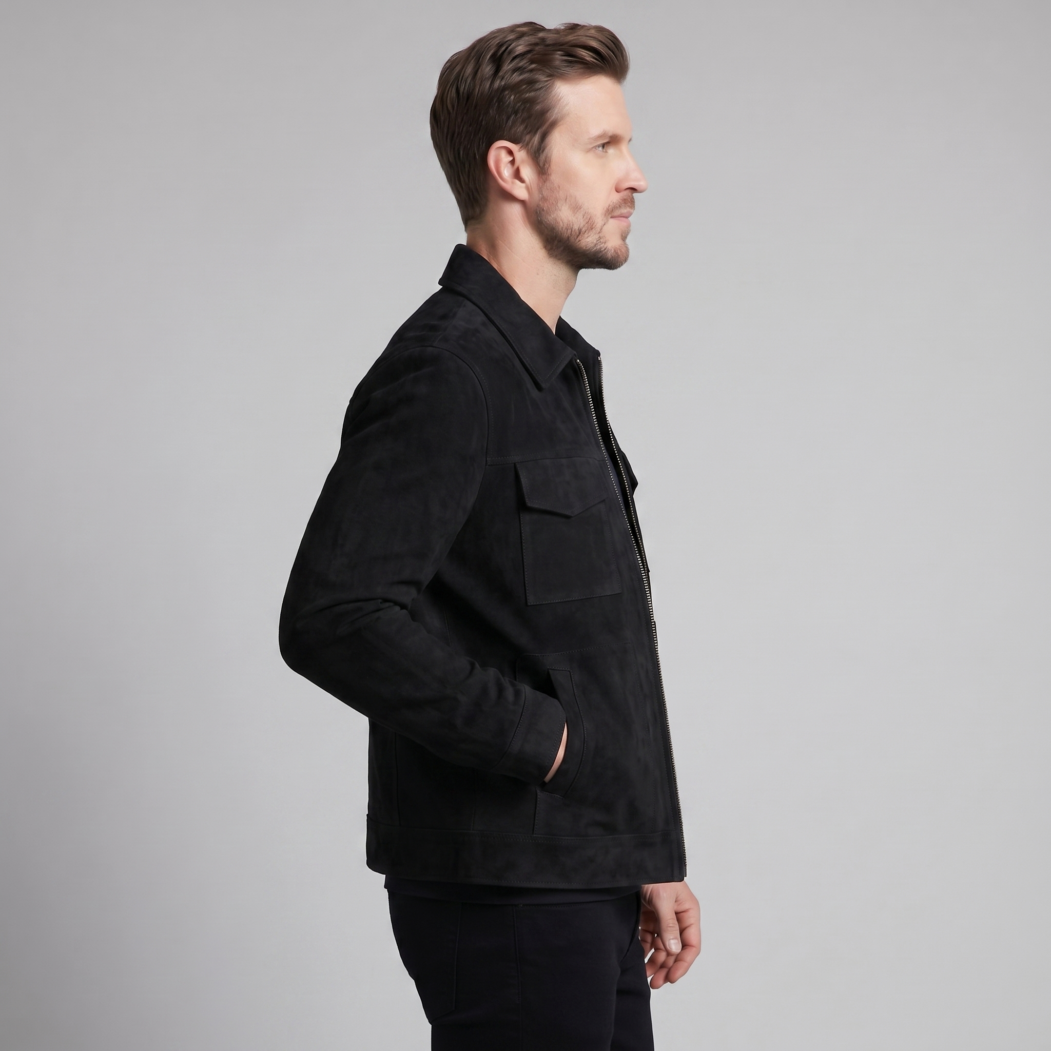 Herren Wildlederjacke Mit Reißverschluss Kragen
