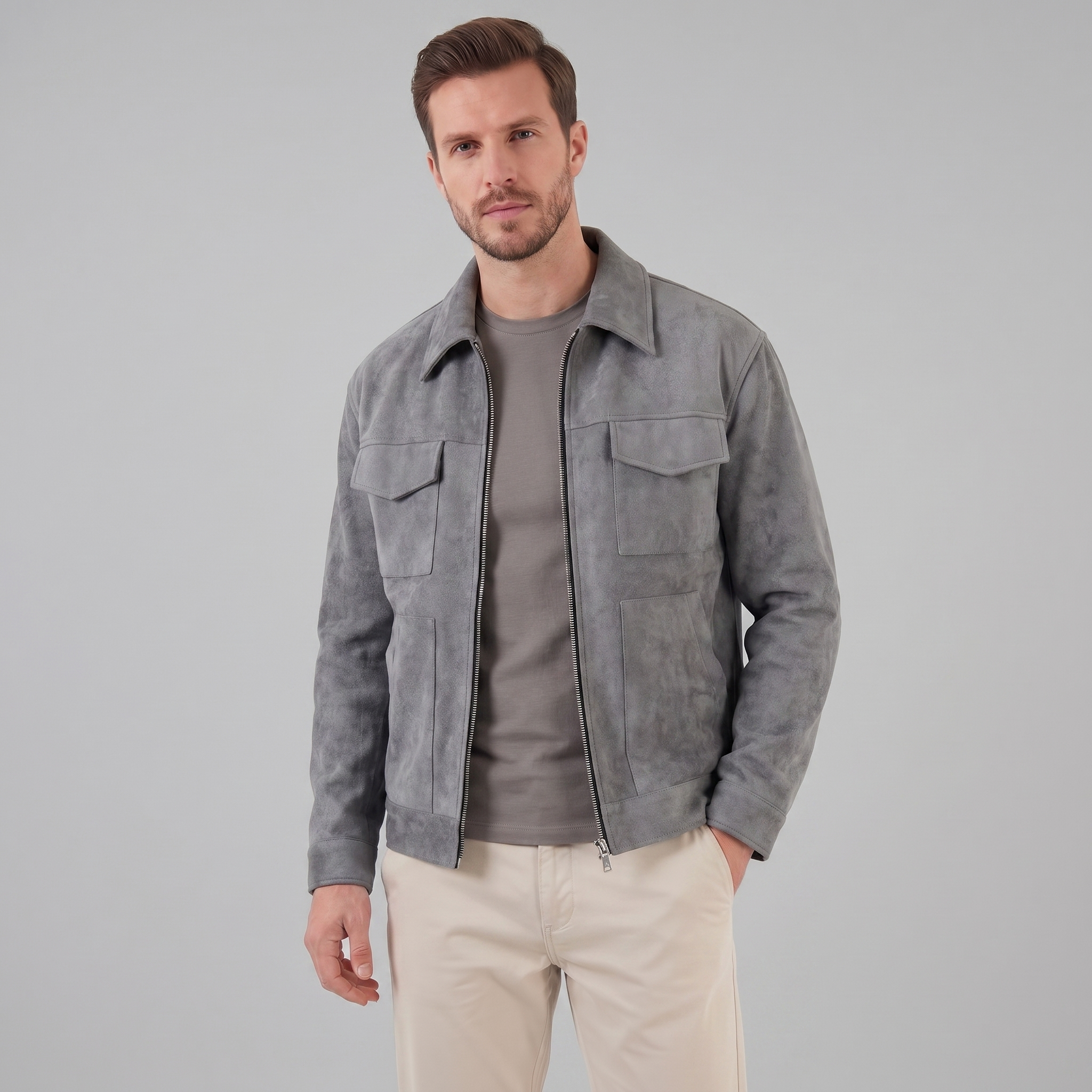 Herren Wildlederjacke Mit Reißverschluss Kragen