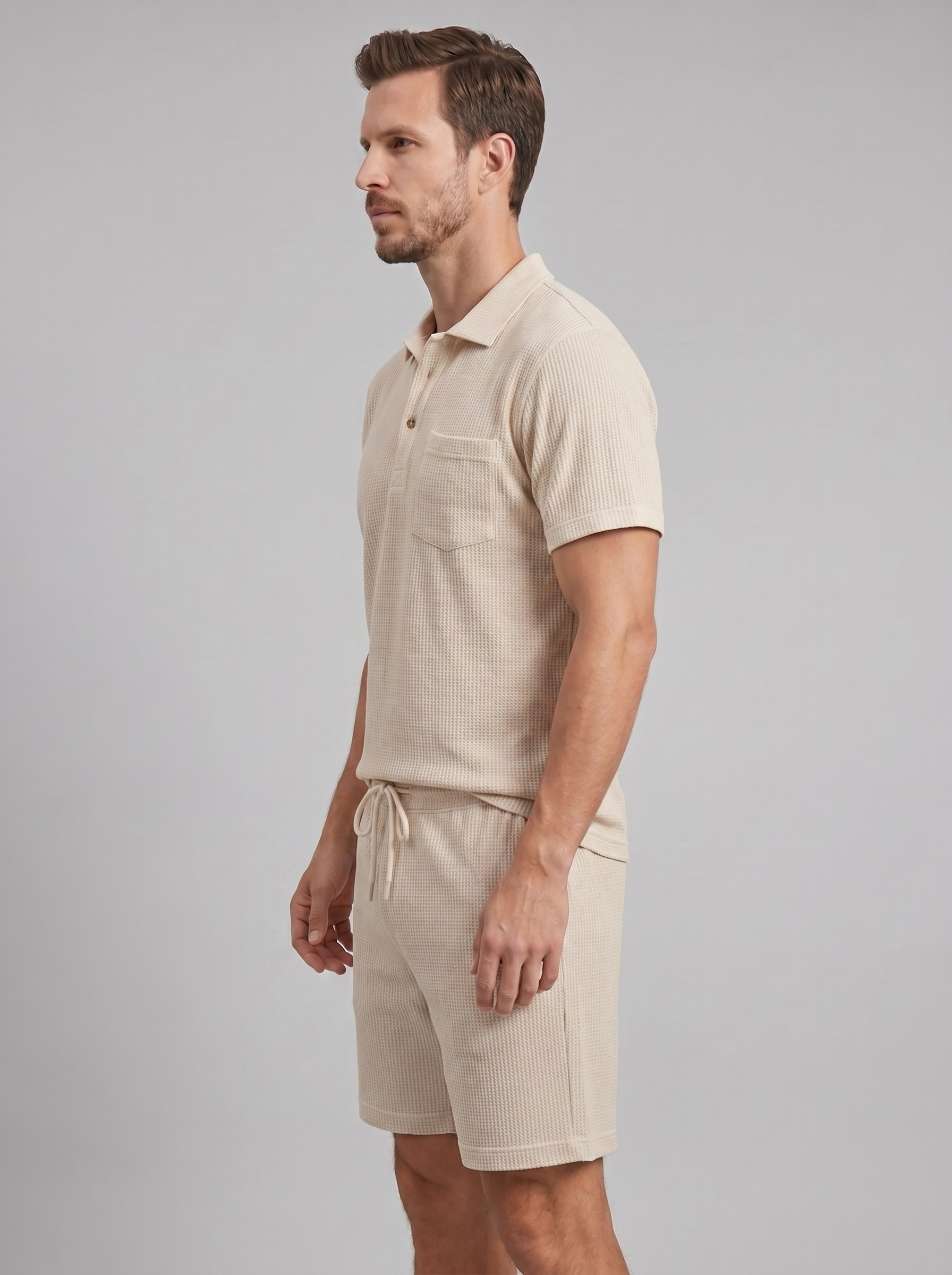Herren Texturiertes Strick-Zweiteiliges Set mit Poloshirt und Shorts