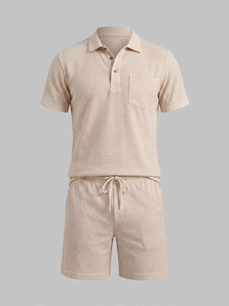 Herren Texturiertes Strick-Zweiteiliges Set mit Poloshirt und Shorts