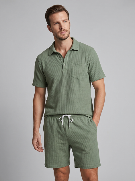 Herren Texturiertes Strick-Zweiteiliges Set mit Poloshirt und Shorts