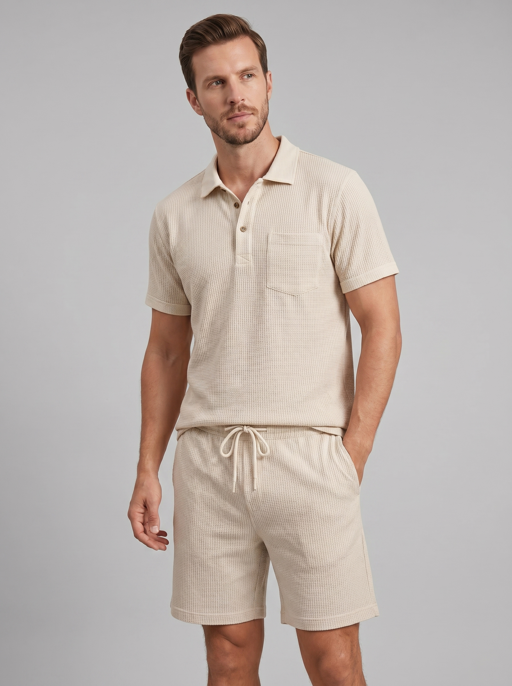 Herren Texturiertes Strick-Zweiteiliges Set mit Poloshirt und Shorts