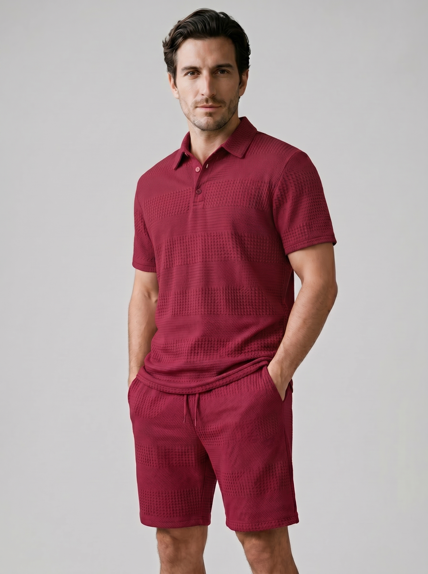 Herren Texturiertes Polo Und Shorts Set