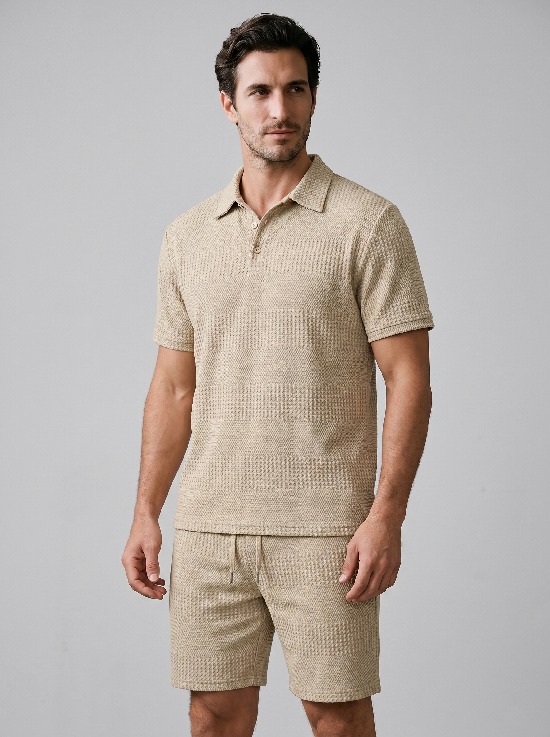 Herren Texturiertes Polo Und Shorts Set