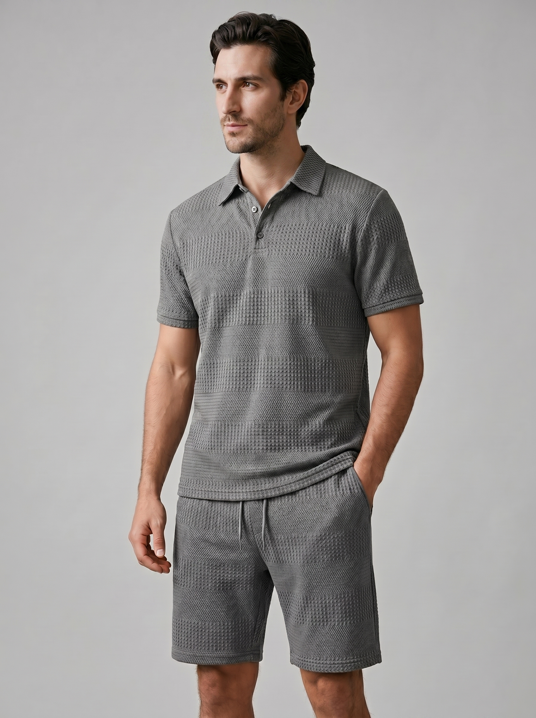 Herren Texturiertes Polo Und Shorts Set