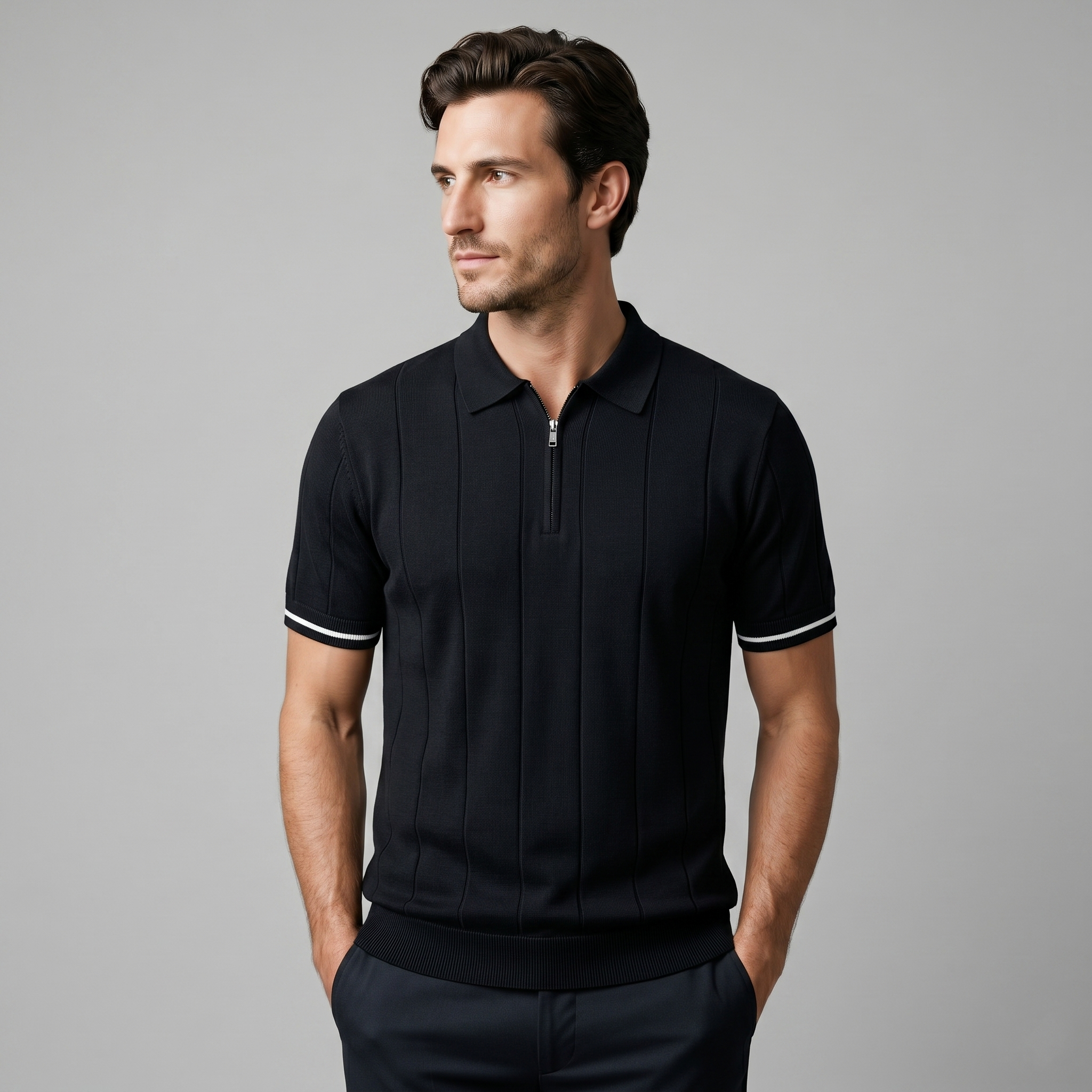 Herren Polo Mit Vertikalen Streifen Und Reißverschluss Am Kragen