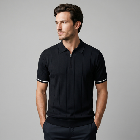 Herren Polo Mit Vertikalen Streifen Und Reißverschluss Am Kragen