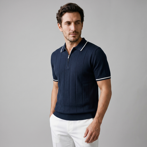 Herren Polo Mit Vertikalen Streifen Und Reißverschluss Am Kragen