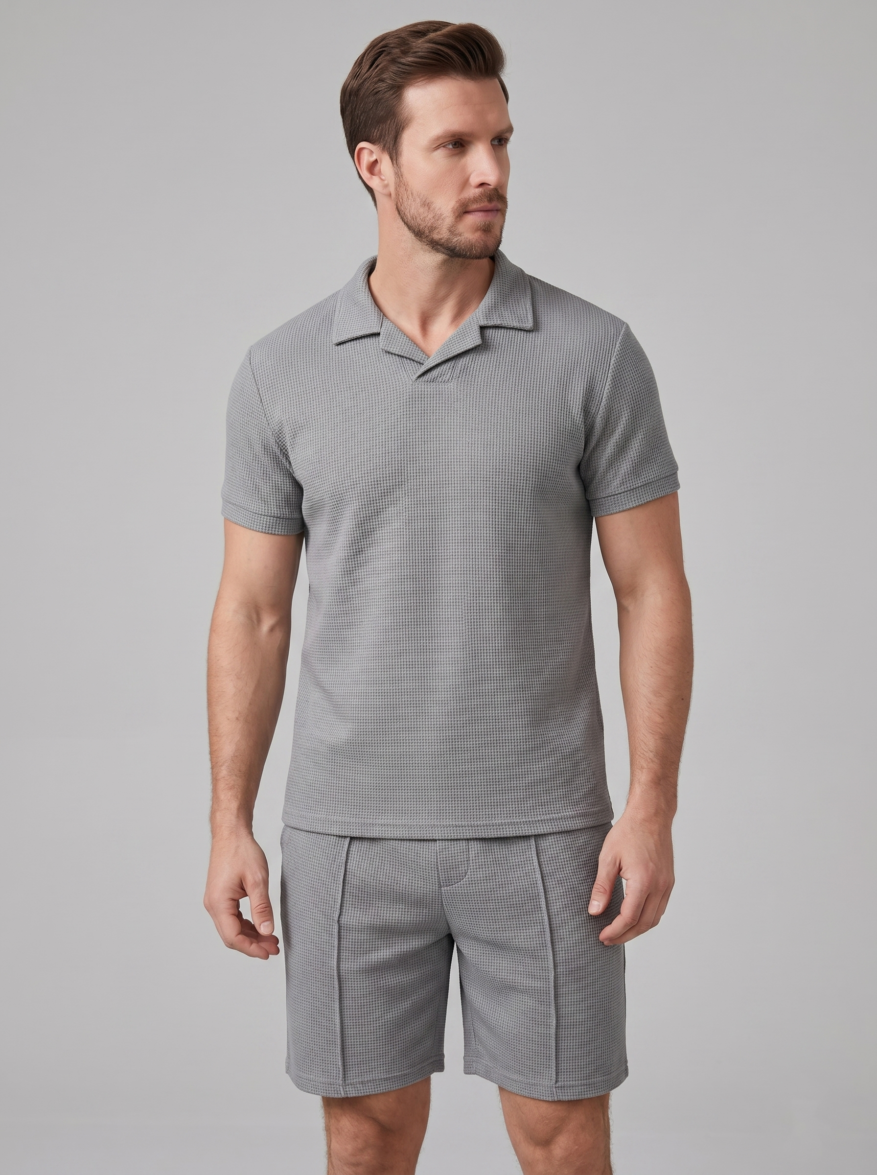 Herren Waffelstrick Polo und Shorts Set