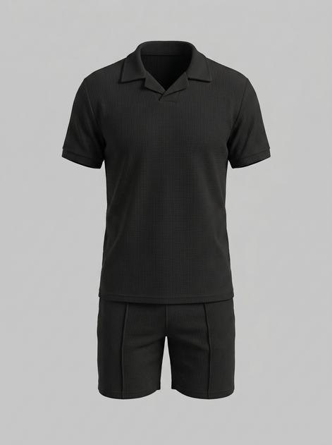 Herren Waffelstrick Polo und Shorts Set
