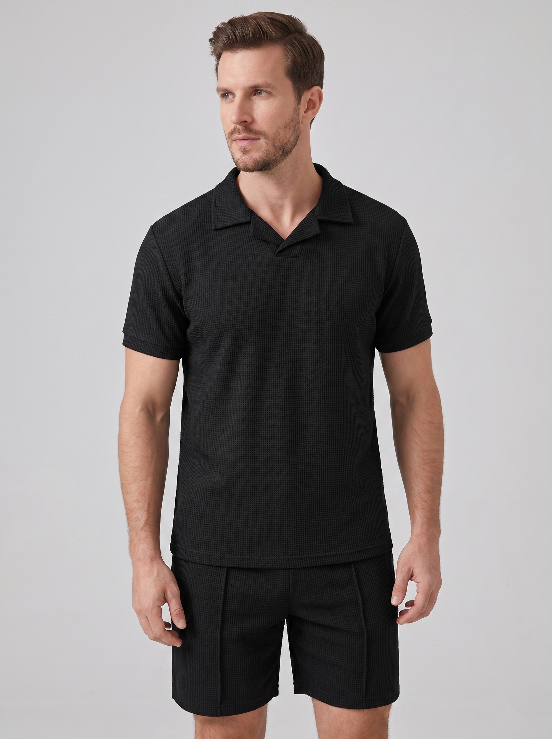 Herren Waffelstrick Polo und Shorts Set