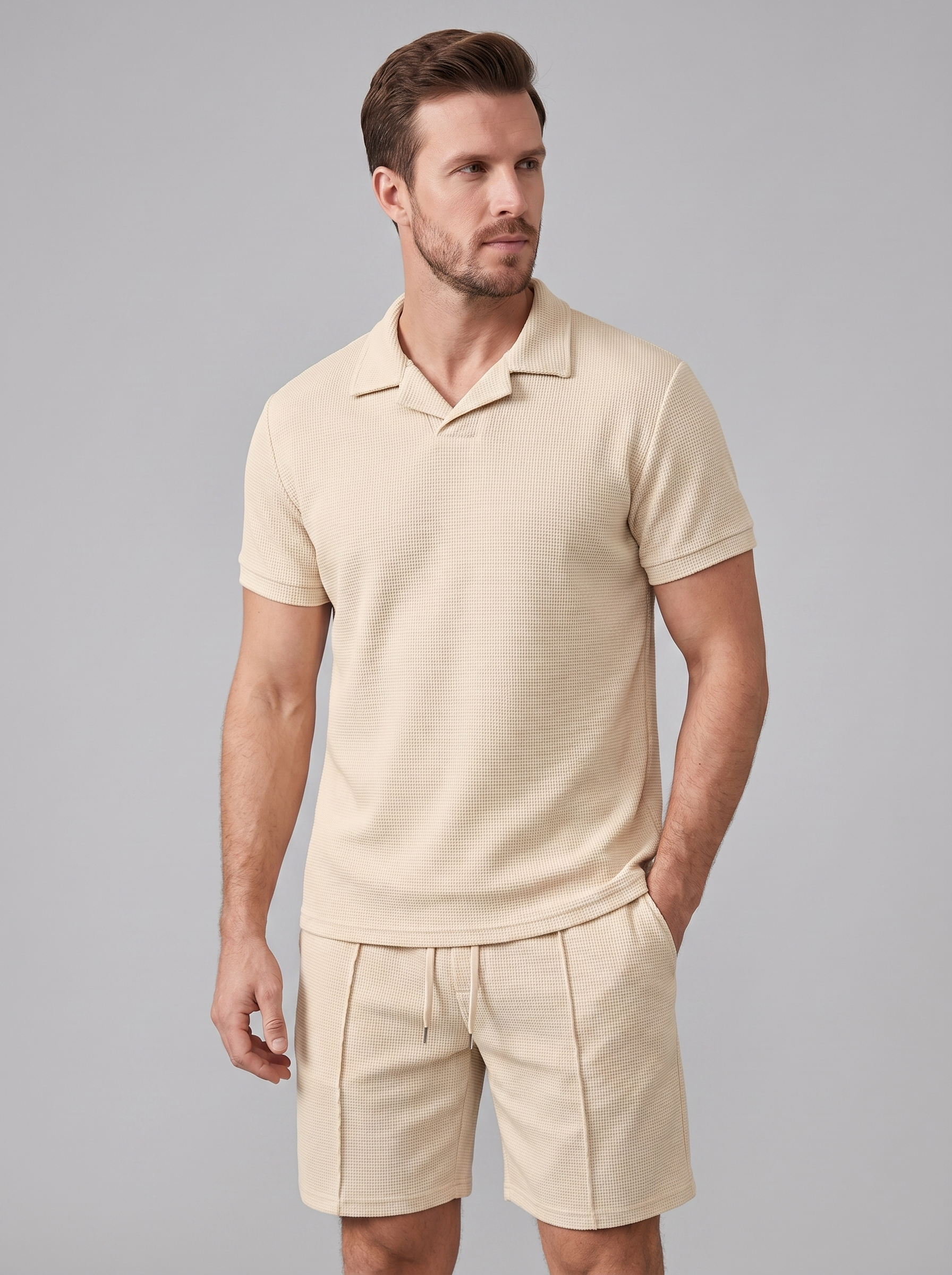 Herren Waffelstrick Polo und Shorts Set