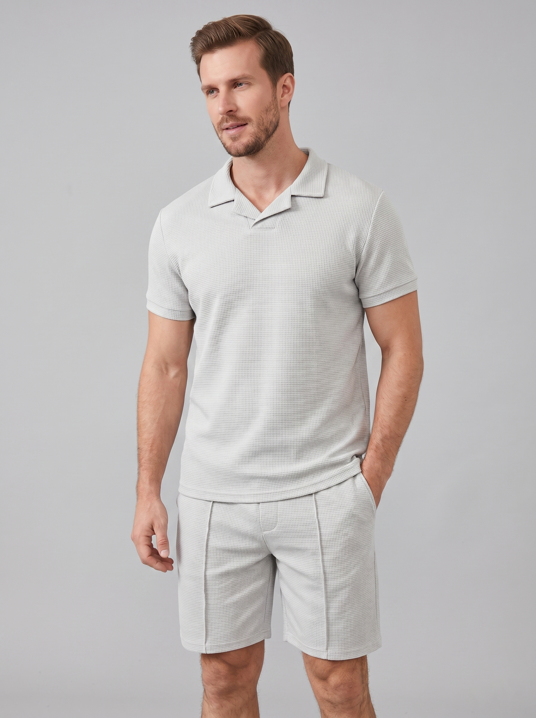 Herren Waffelstrick Polo und Shorts Set