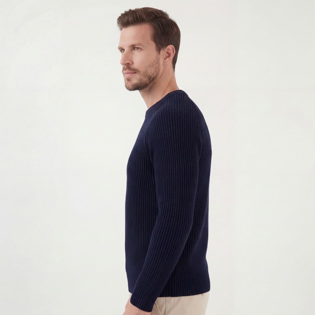 Marineblauer Englischer Rippenstrick Rundhals-Pullover