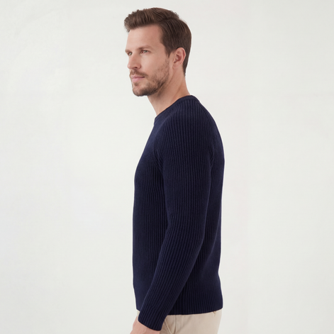 Marineblauer Englischer Rippenstrick Rundhals-Pullover