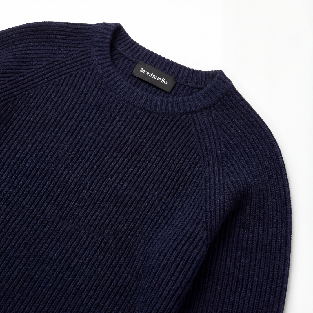 Marineblauer Englischer Rippenstrick Rundhals-Pullover